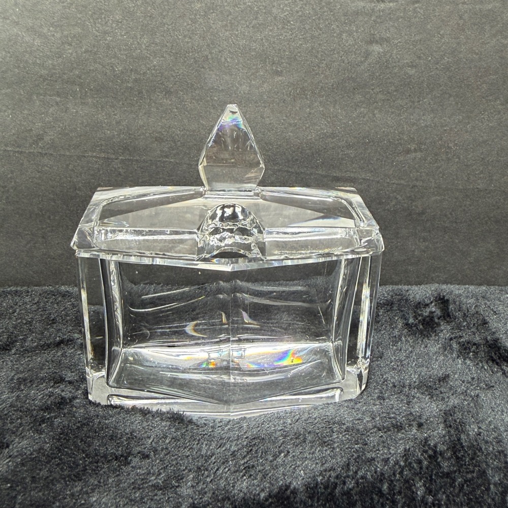 Art Deco Clear Lead Crystal Iridescent Trinket Jewelry Box Faceted‎ Pyramid Lid